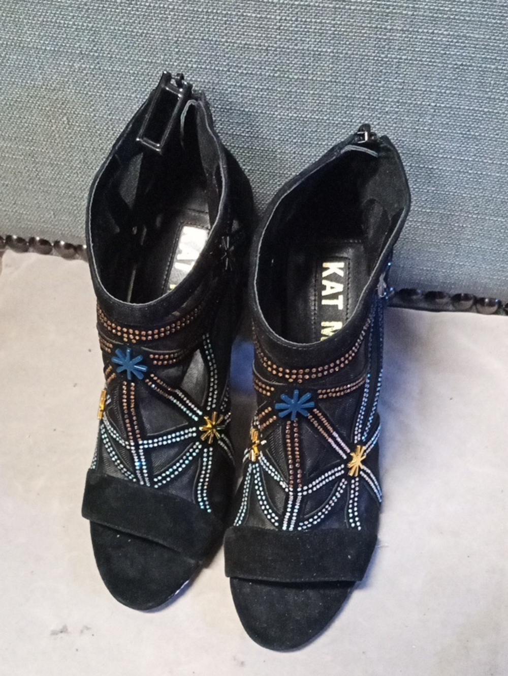 Kat Maconie Black Suede Open-Toe Ankle Heels with Colorful Star Accents